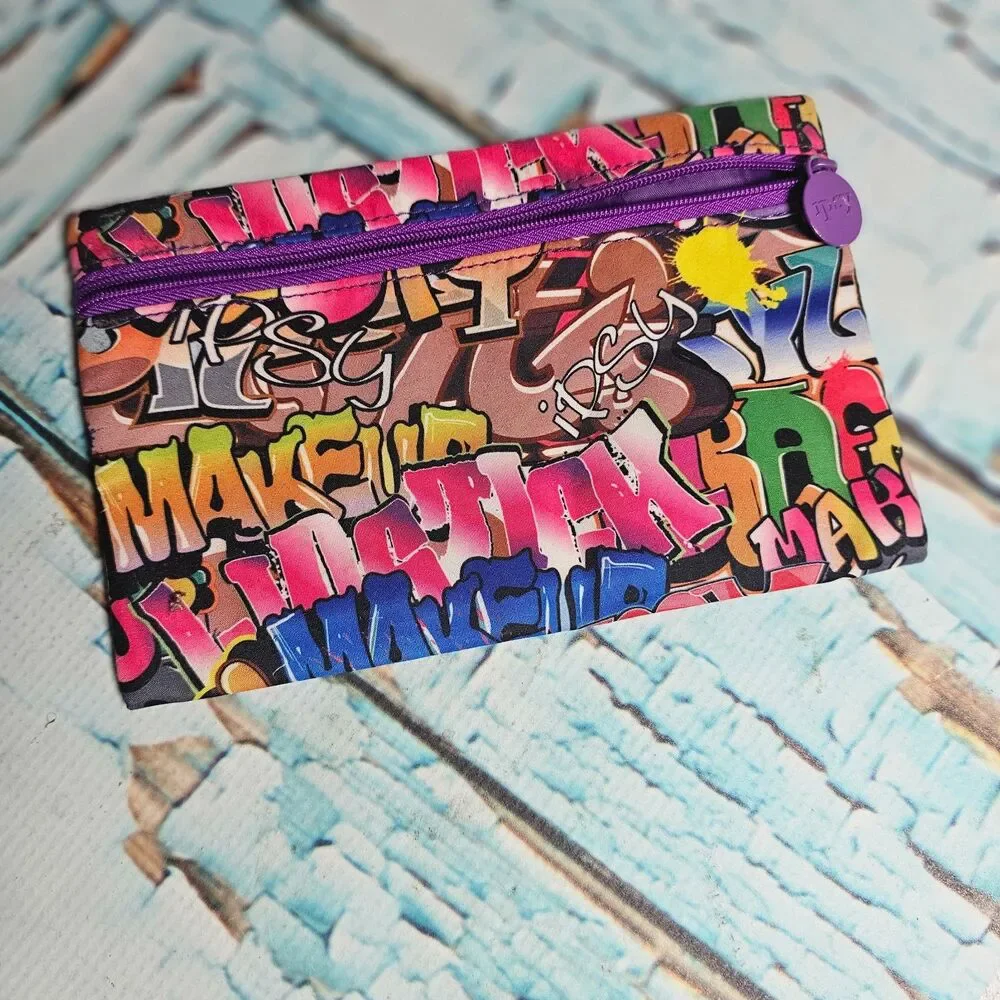 Ipsy Makeup Bag Graffiti Print Multicolor Purple Zipper Cosmetic Pouch